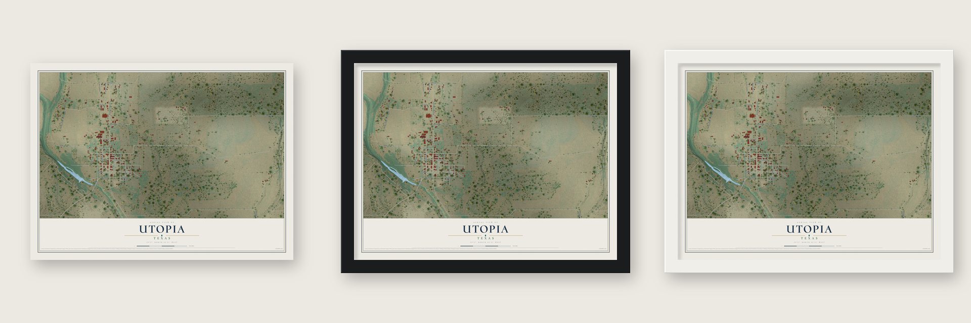 Utopia, Texas map unframed, in a black wood frame and in a white wood frame