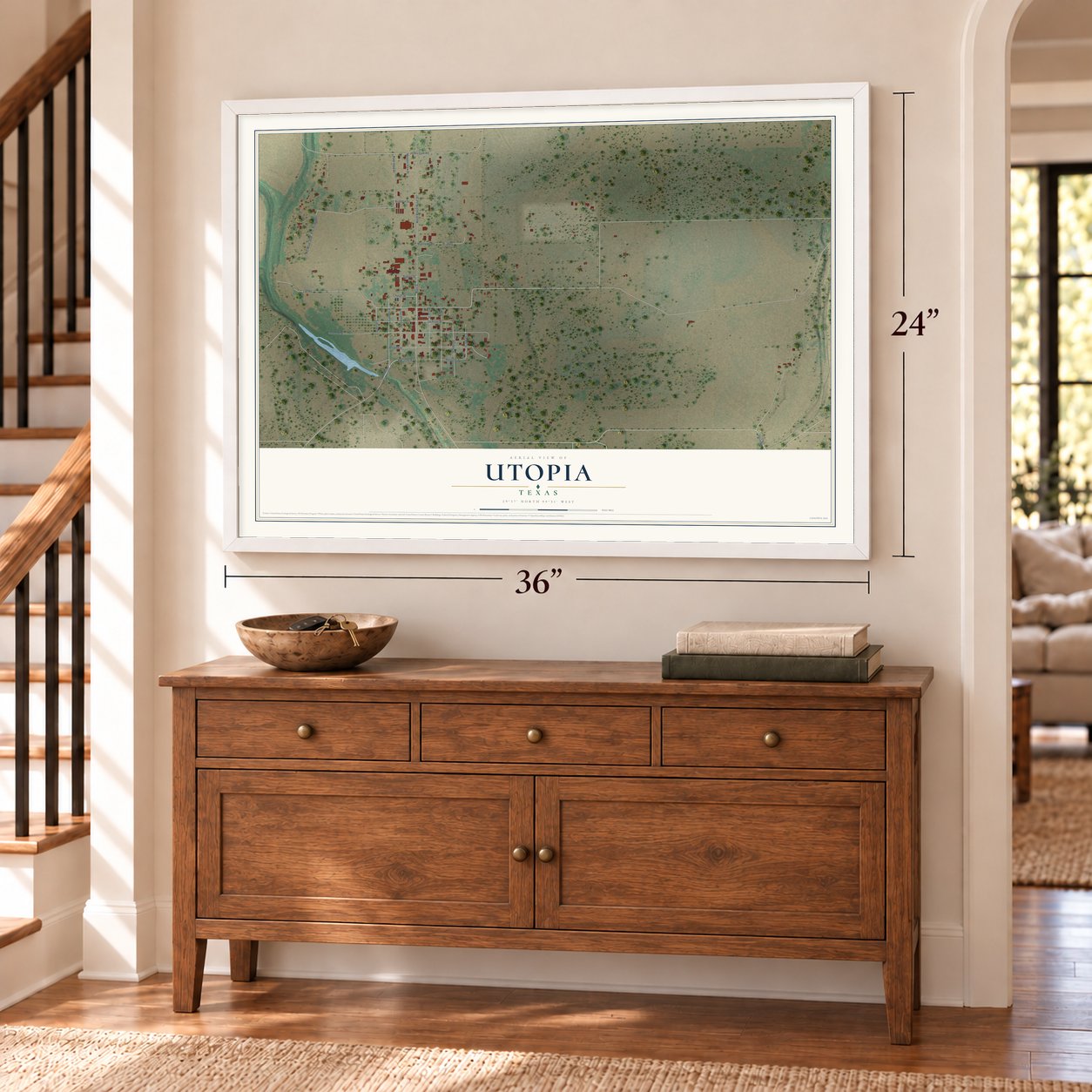 Utopia, Texas map, 24 x 36 inch print in a white frame above a dresser by a staircase