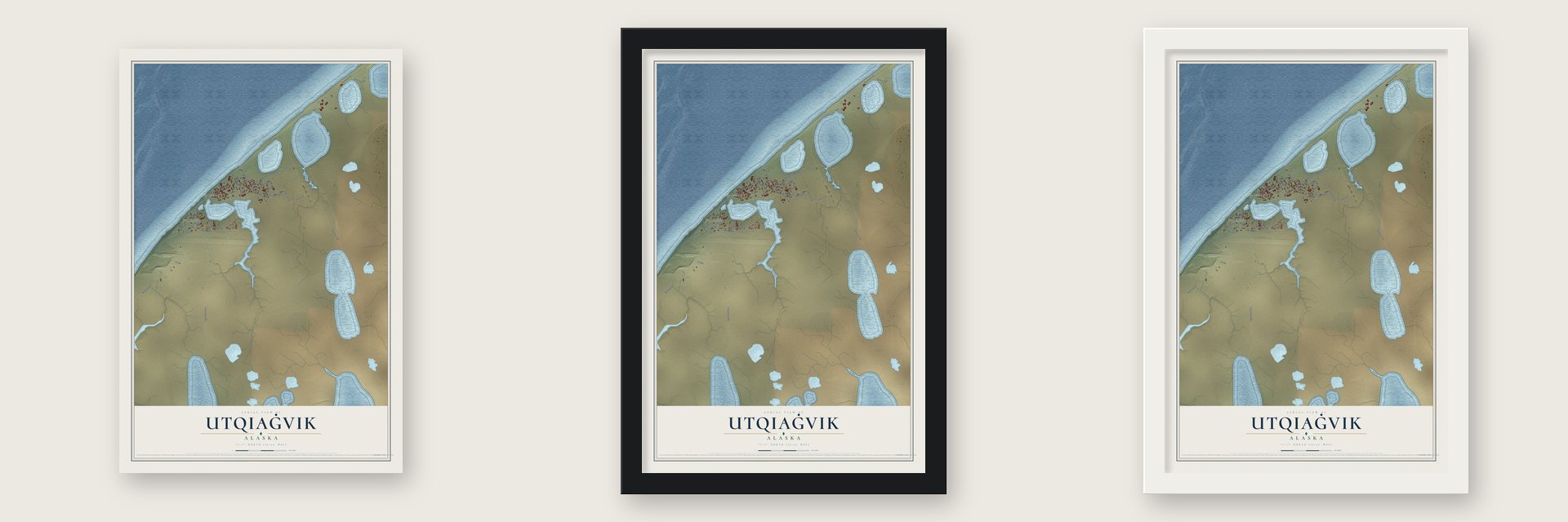 Utqiaġvik, Alaska map unframed, in a black wood frame and in a white wood frame