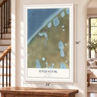 Utqiaġvik, Alaska map, 24 x 36 inch print in a white frame by a staircase