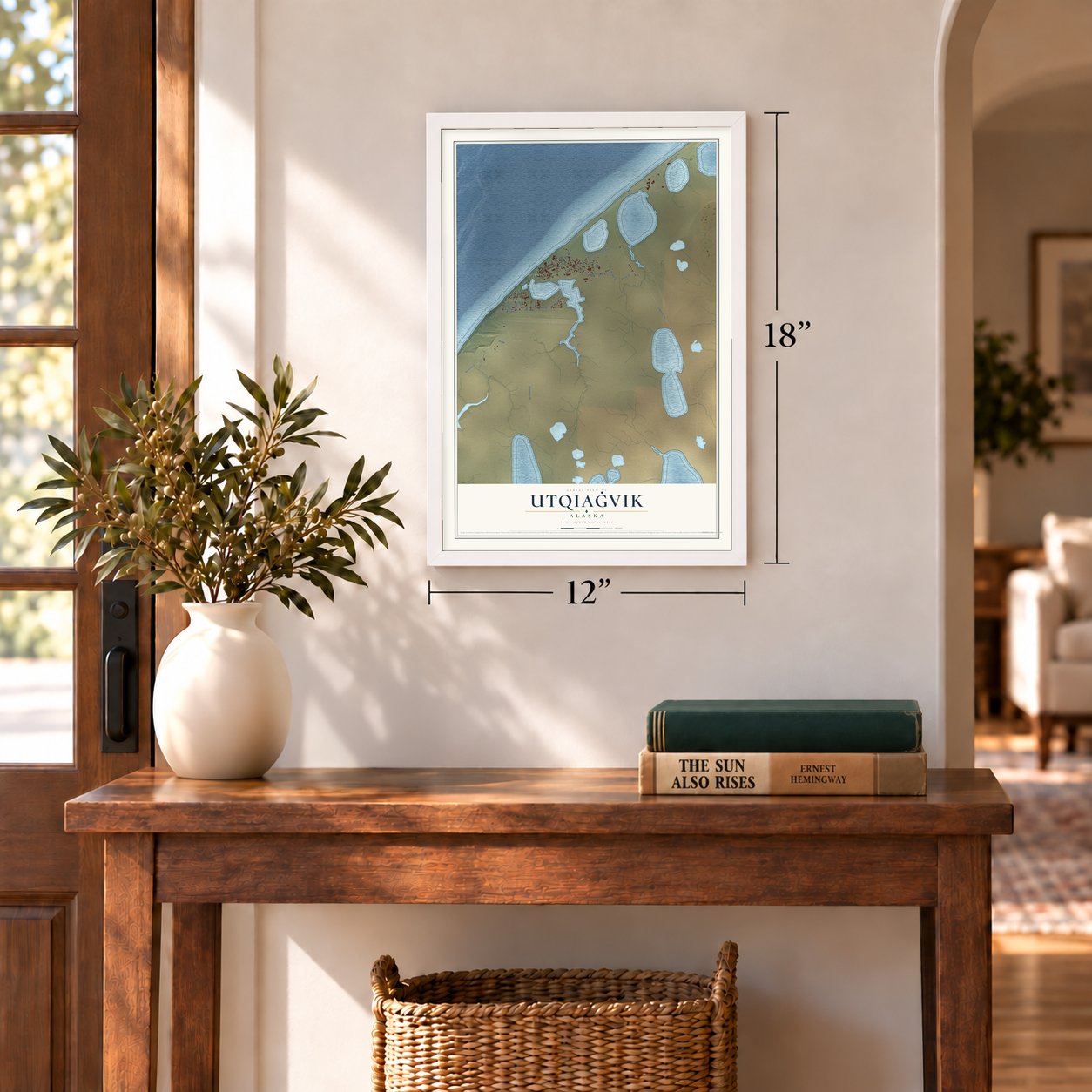 Utqiaġvik, Alaska map, 12 x 18 inch print in a white frame in an entryway