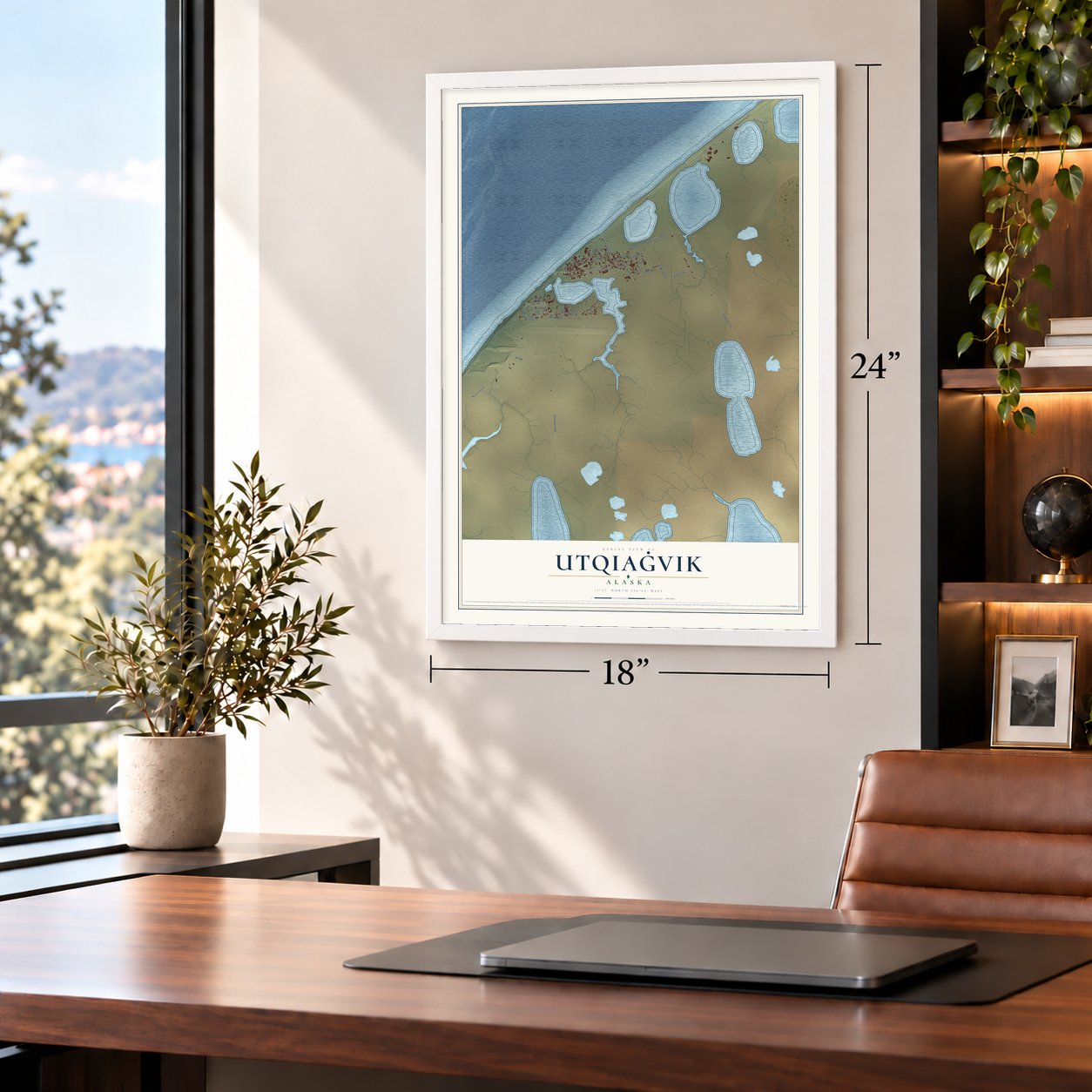 Utqiaġvik, Alaska map, 18 x 24 inch print in a white frame in a home office