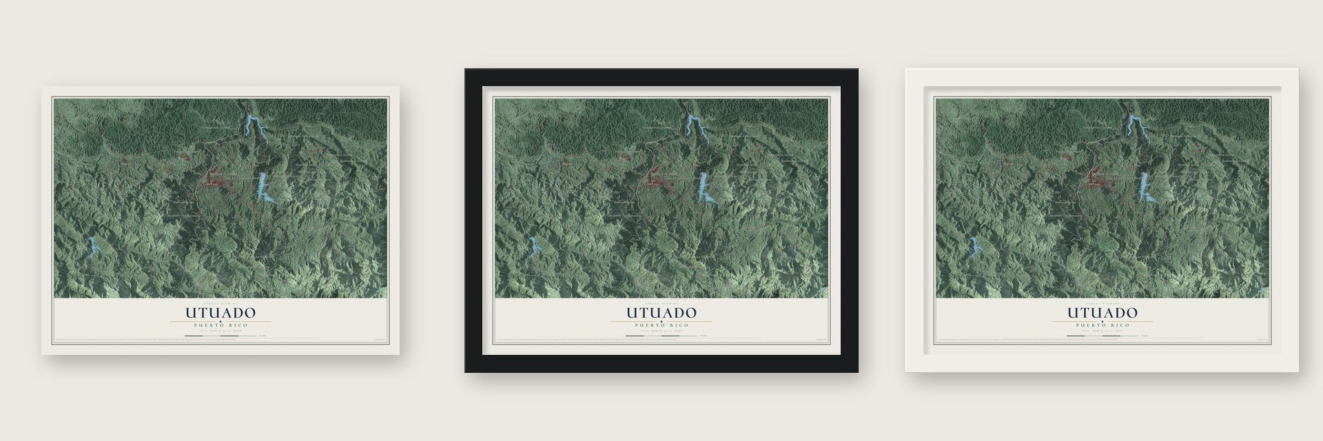 Utuado, Puerto Rico map unframed, in a black wood frame and in a white wood frame