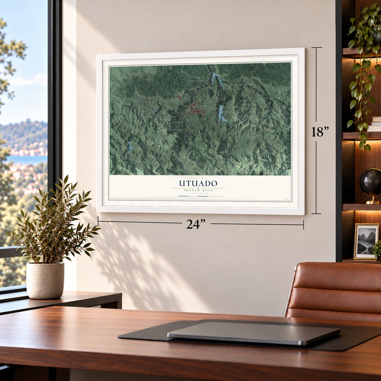 Utuado, Puerto Rico map, 18 x 24 inch print in a white frame in a home office