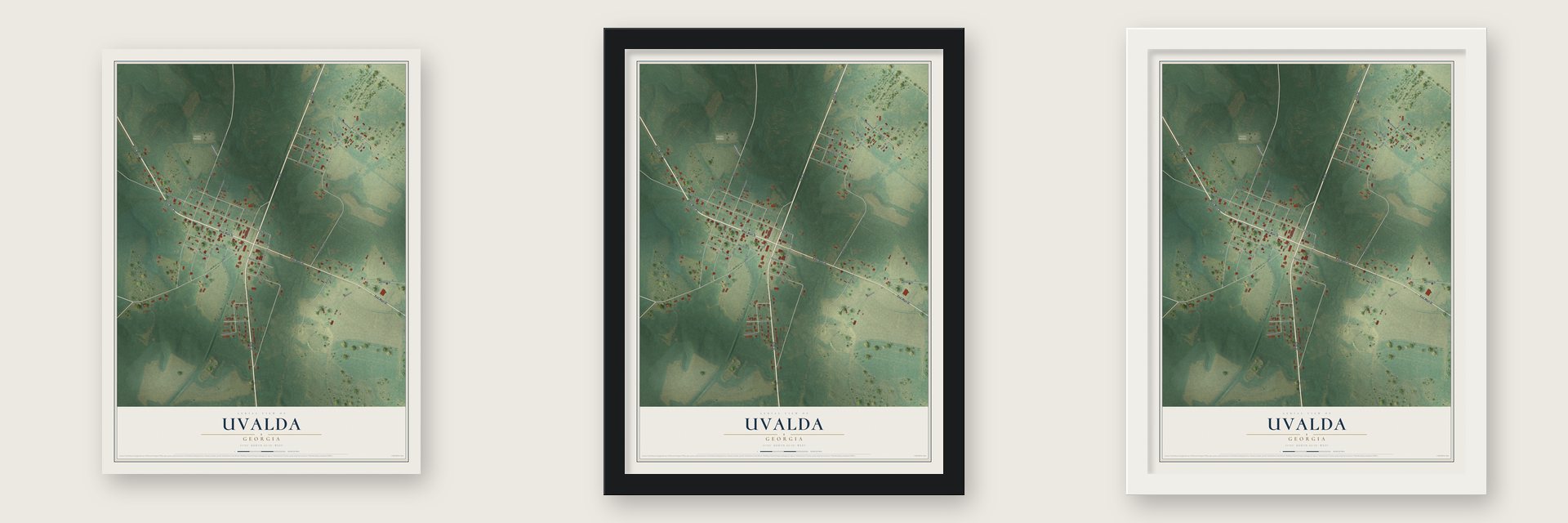 Uvalda, Georgia map unframed, in a black wood frame and in a white wood frame