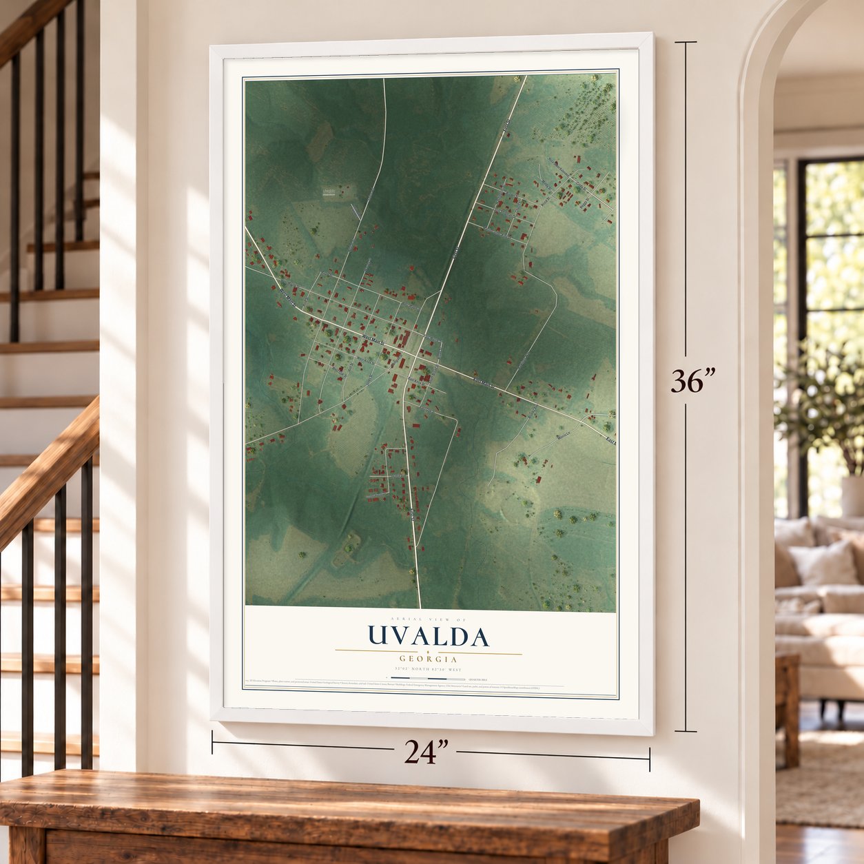 Uvalda, Georgia map, 24 x 36 inch print in a white frame by a staircase
