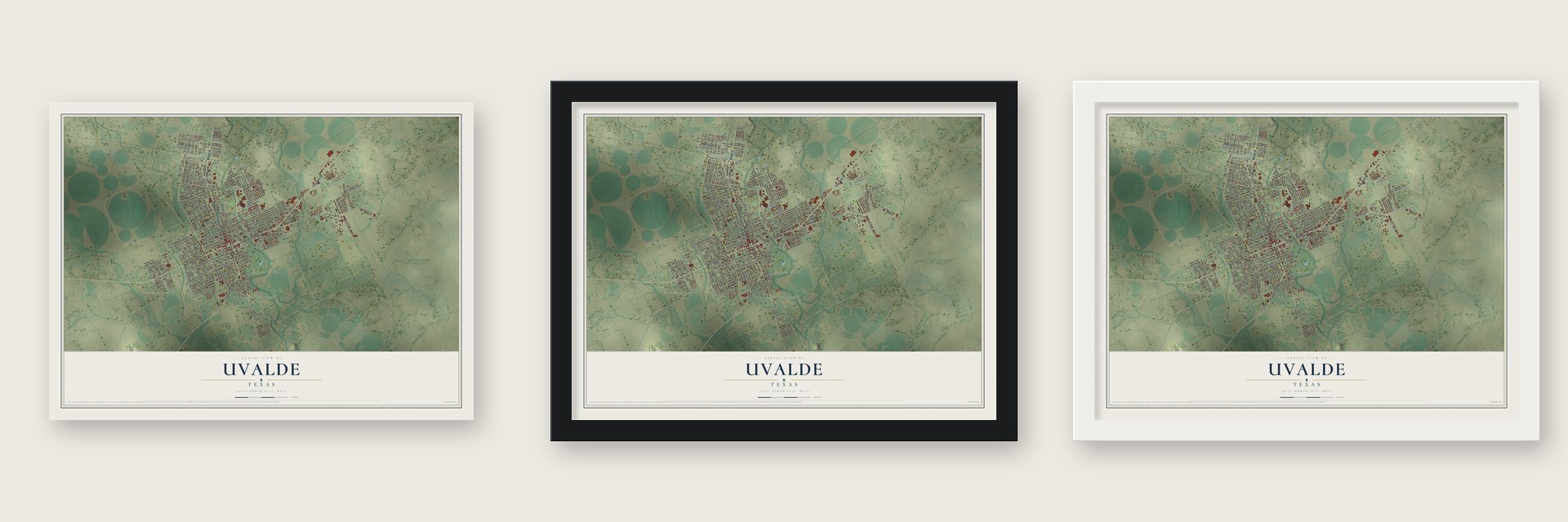 Uvalde, Texas map unframed, in a black wood frame and in a white wood frame