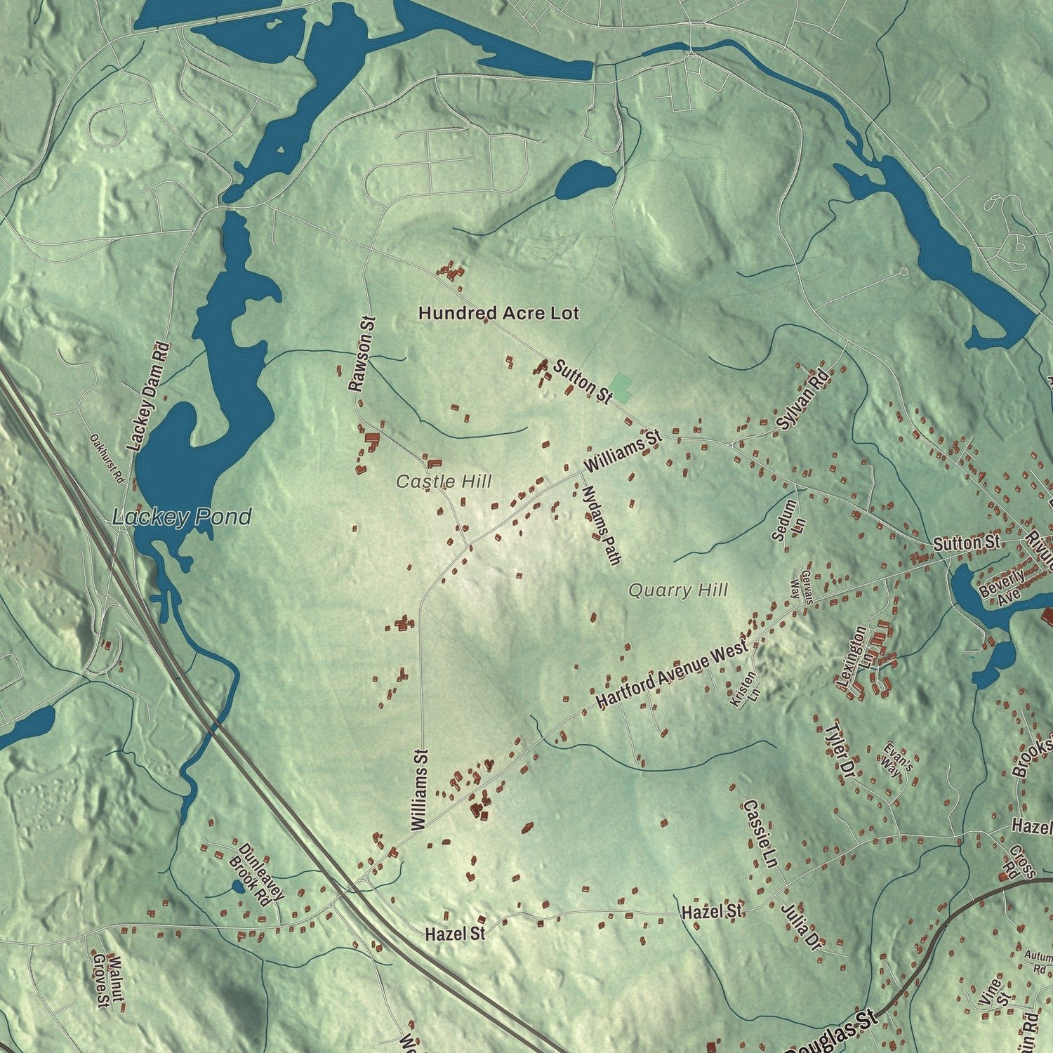 Close-up of the map of Uxbridge, Massachusetts print showing terrain and local geography