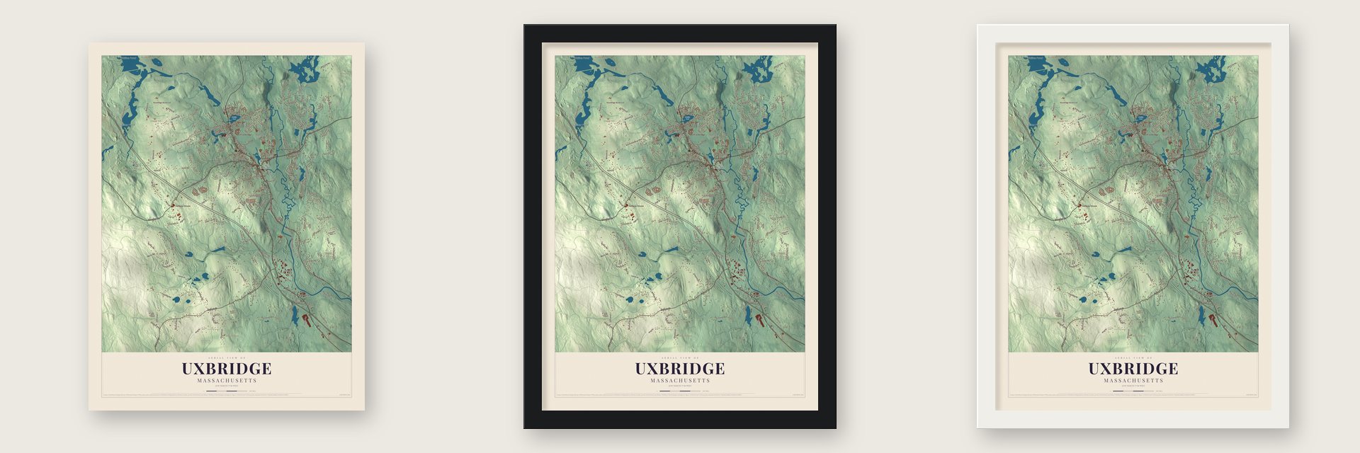 Uxbridge, Massachusetts map unframed, in a black wood frame and in a white wood frame