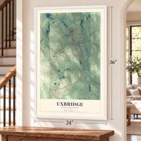 Uxbridge, Massachusetts map, 24 x 36 inch print in a white frame by a staircase