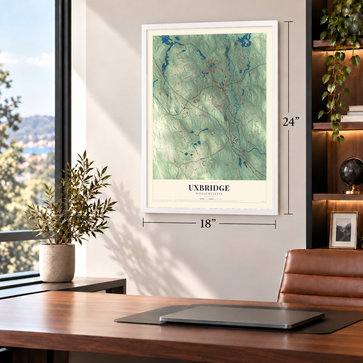 Uxbridge, Massachusetts map, 18 x 24 inch print in a white frame in a home office