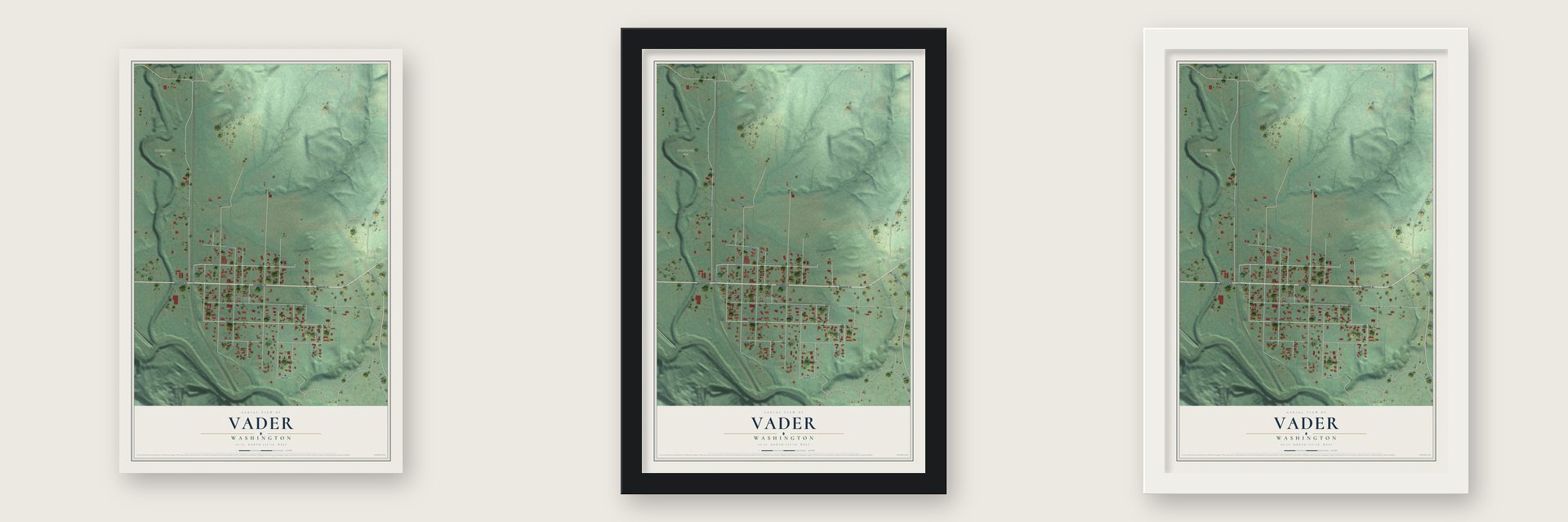 Vader, Washington map unframed, in a black wood frame and in a white wood frame
