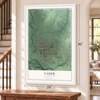 Vader, Washington map, 24 x 36 inch print in a white frame by a staircase