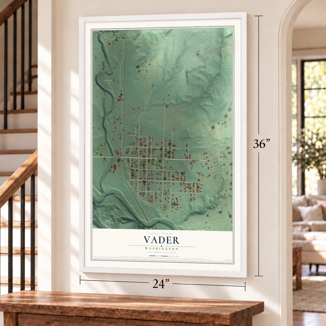 Vader, Washington map, 24 x 36 inch print in a white frame by a staircase