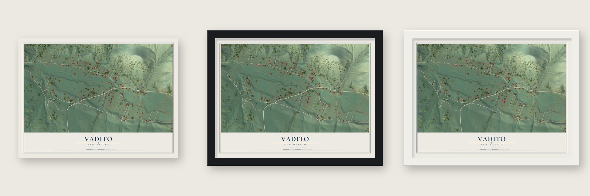 Vadito, New Mexico map unframed, in a black wood frame and in a white wood frame