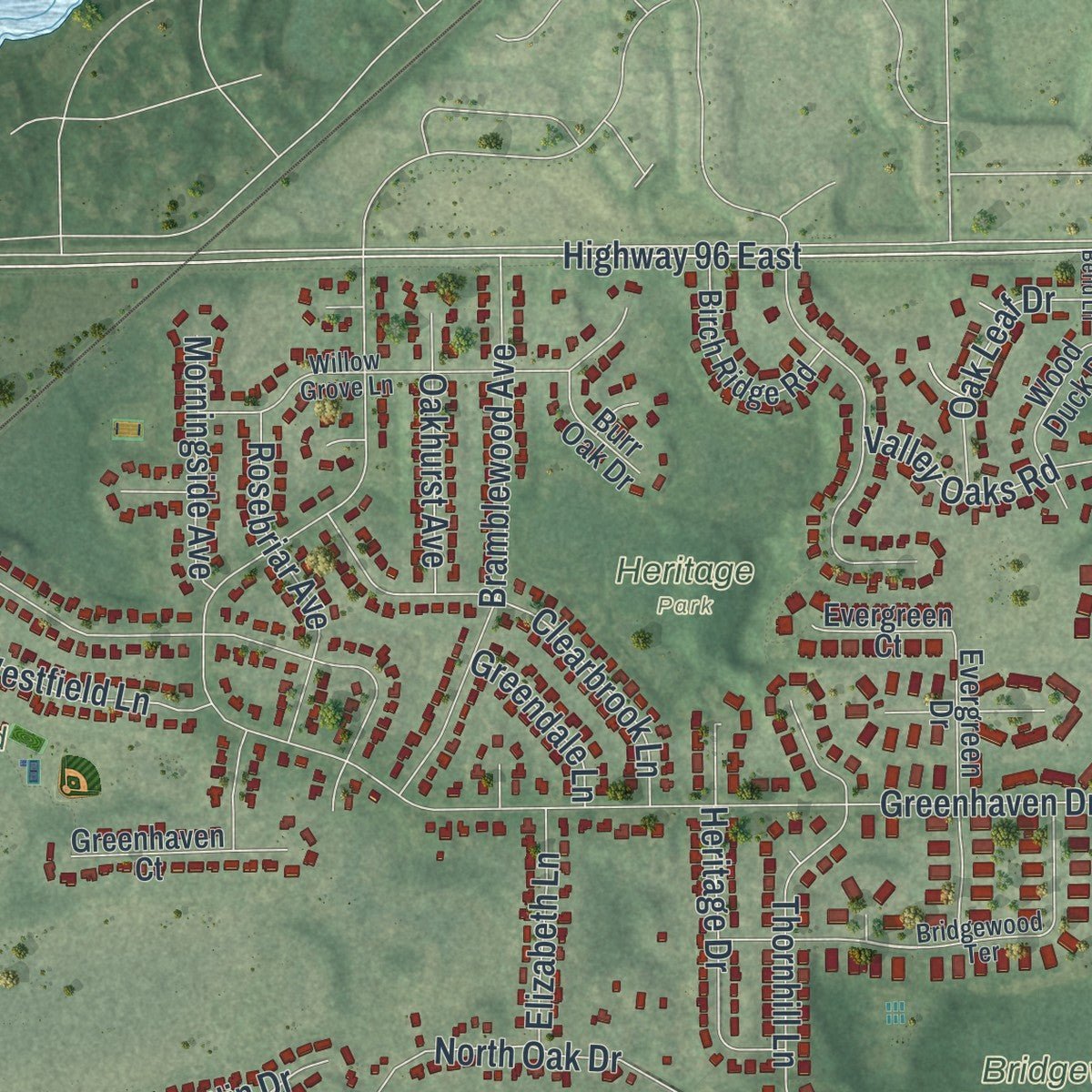 Second close-up of the map of Vadnais Heights, Minnesota print showing more streets and buildings