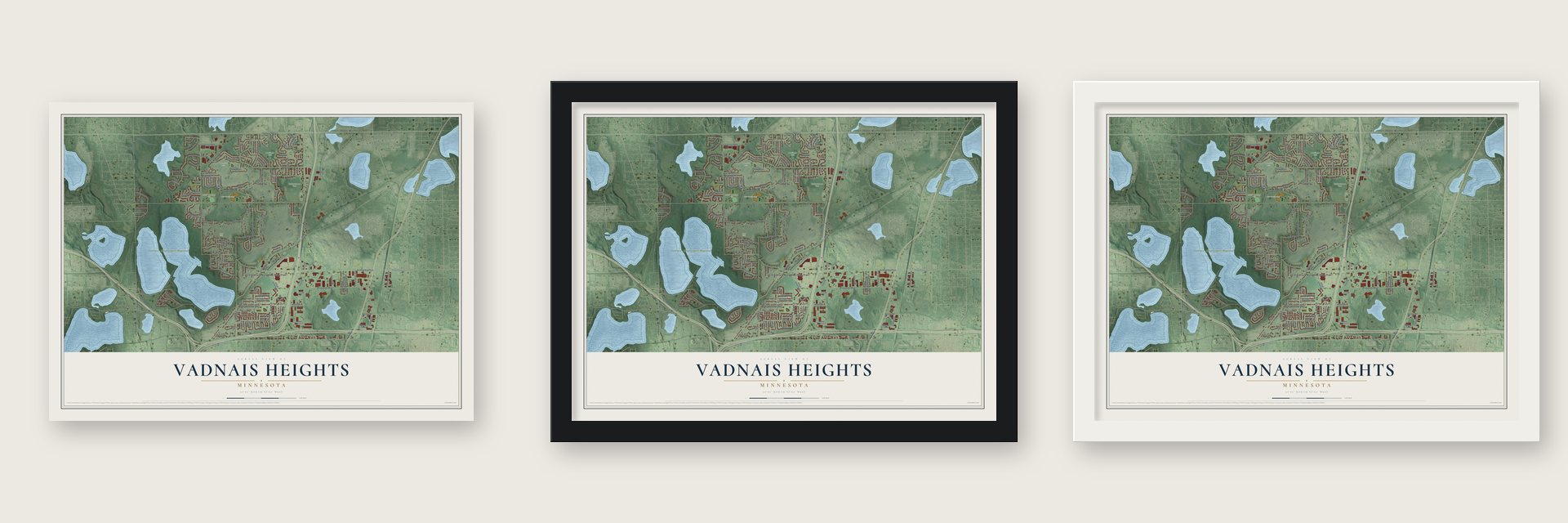 Vadnais Heights, Minnesota map unframed, in a black wood frame and in a white wood frame
