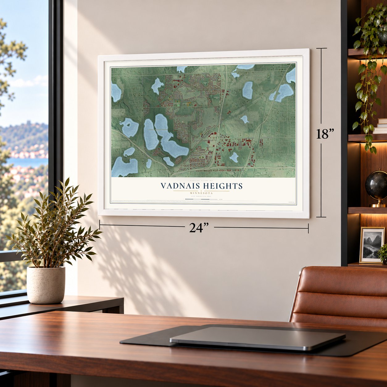 Vadnais Heights, Minnesota map, 18 x 24 inch print in a white frame in a home office