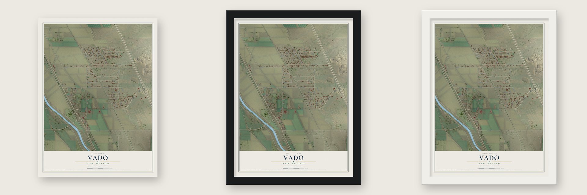 Vado, New Mexico map unframed, in a black wood frame and in a white wood frame