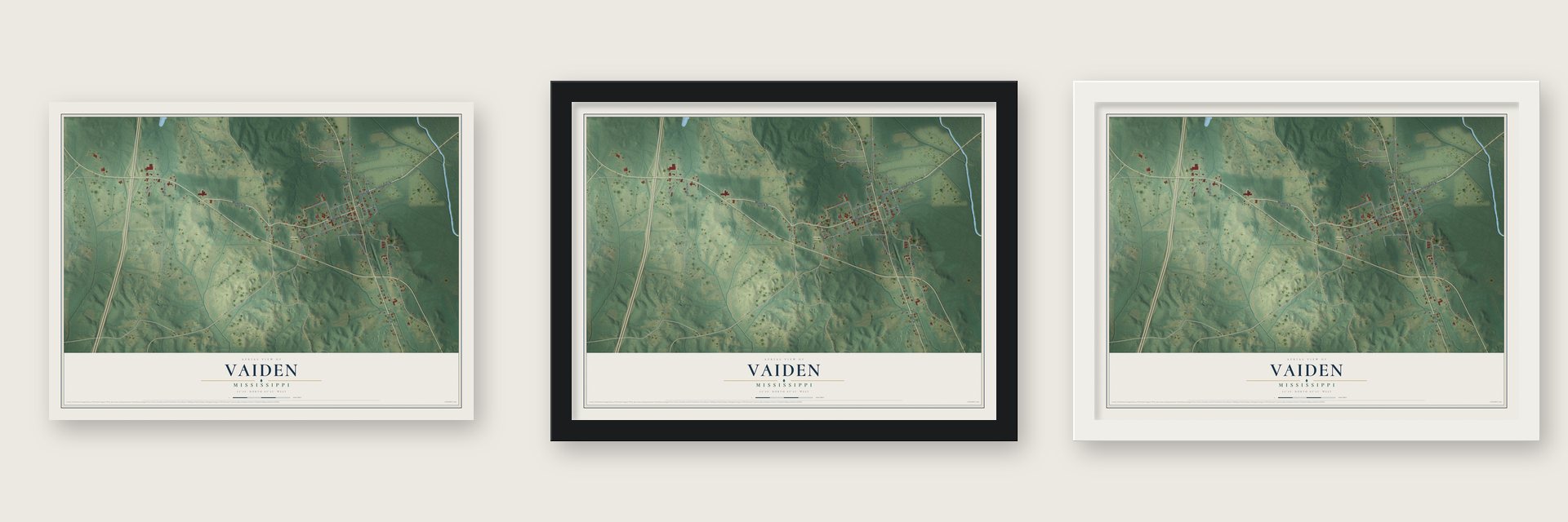 Vaiden, Mississippi map unframed, in a black wood frame and in a white wood frame