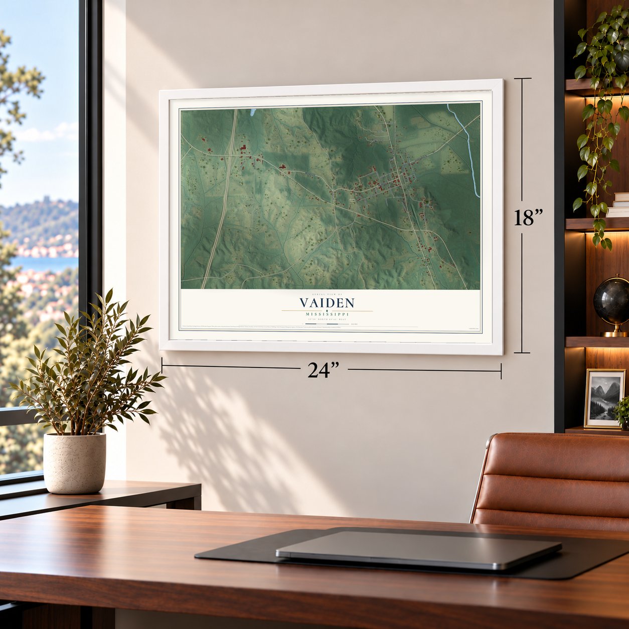 Vaiden, Mississippi map, 18 x 24 inch print in a white frame in a home office