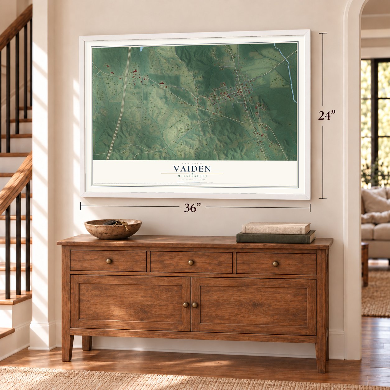 Vaiden, Mississippi map, 24 x 36 inch print in a white frame above a dresser by a staircase