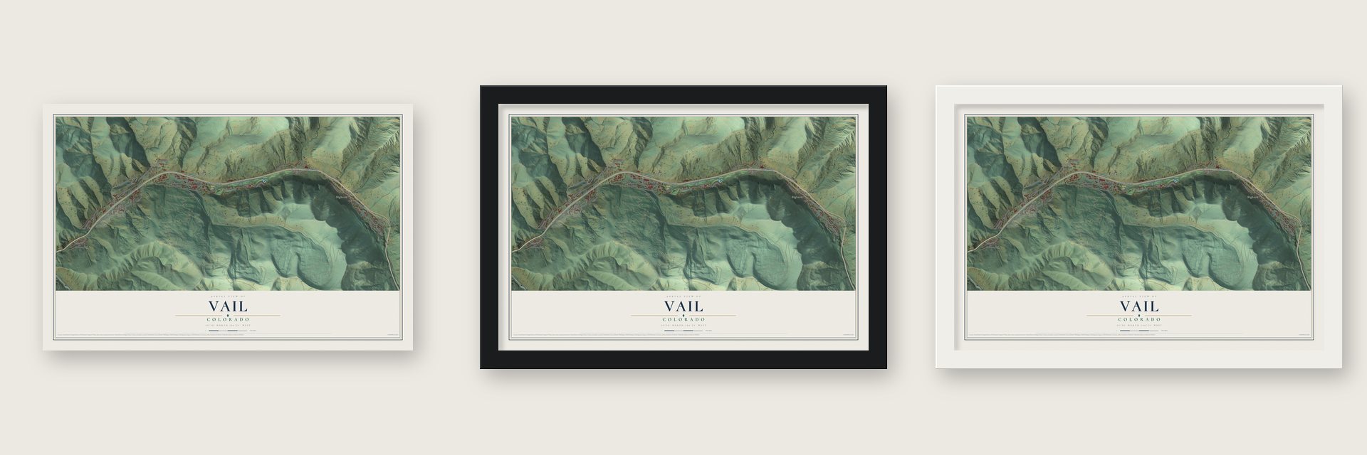 Vail, Colorado map unframed, in a black wood frame and in a white wood frame