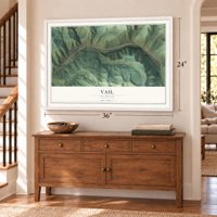 Vail, Colorado map, 24 x 36 inch print in a white frame above a dresser by a staircase