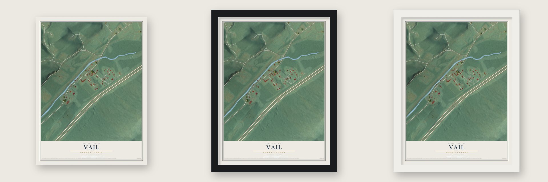 Vail, Pennsylvania map unframed, in a black wood frame and in a white wood frame