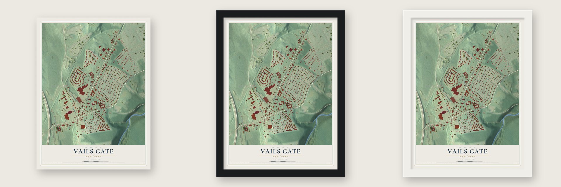 Vails Gate, New York map unframed, in a black wood frame and in a white wood frame