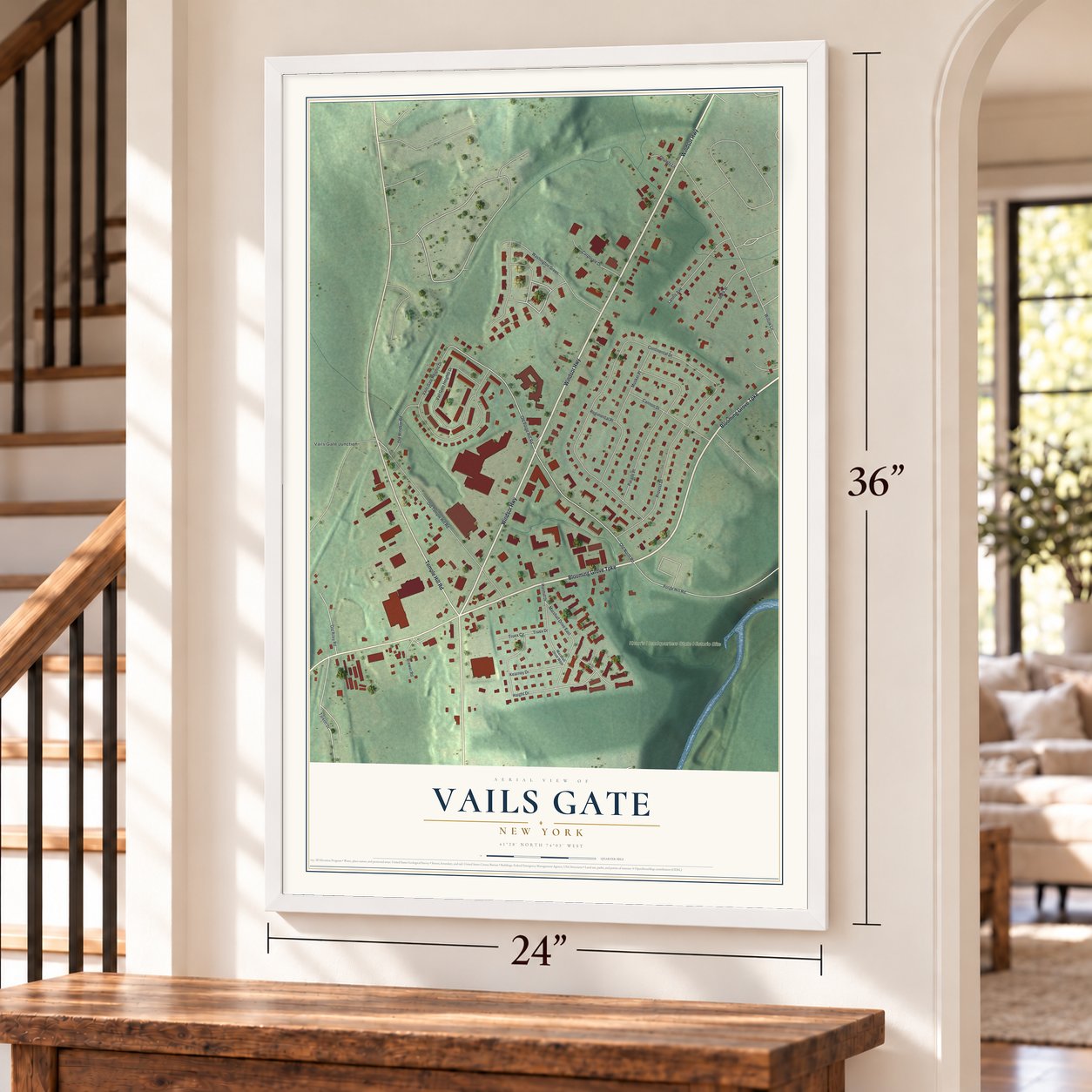 Vails Gate, New York map, 24 x 36 inch print in a white frame by a staircase