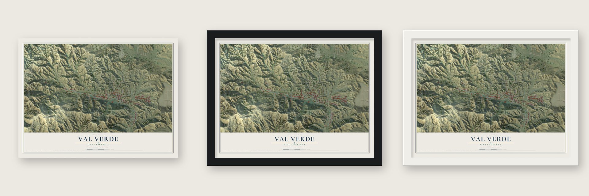 Val Verde, California map unframed, in a black wood frame and in a white wood frame