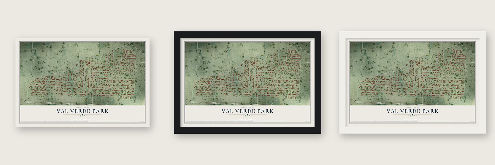 Val Verde Park, Texas map unframed, in a black wood frame and in a white wood frame