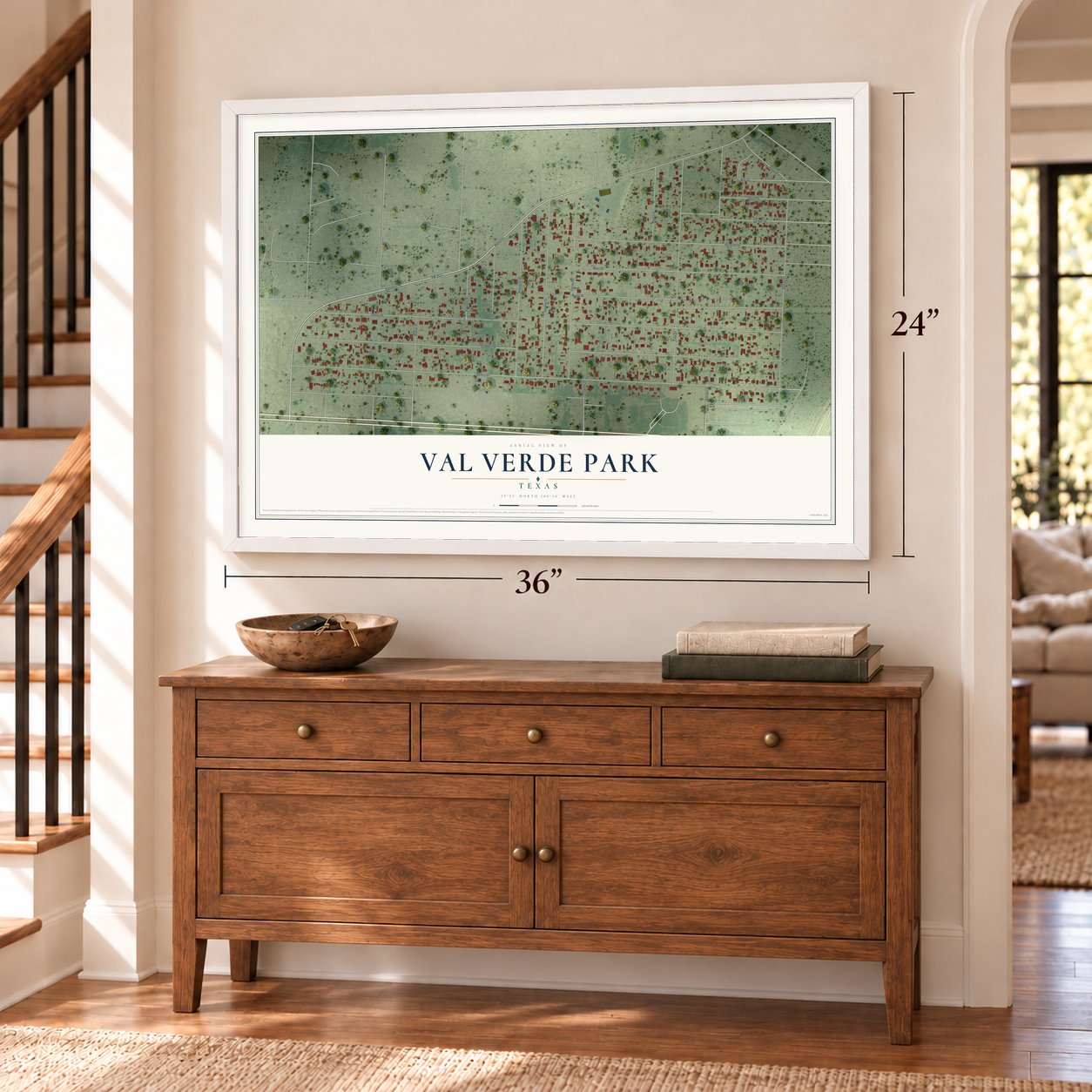 Val Verde Park, Texas map, 24 x 36 inch print in a white frame above a dresser by a staircase