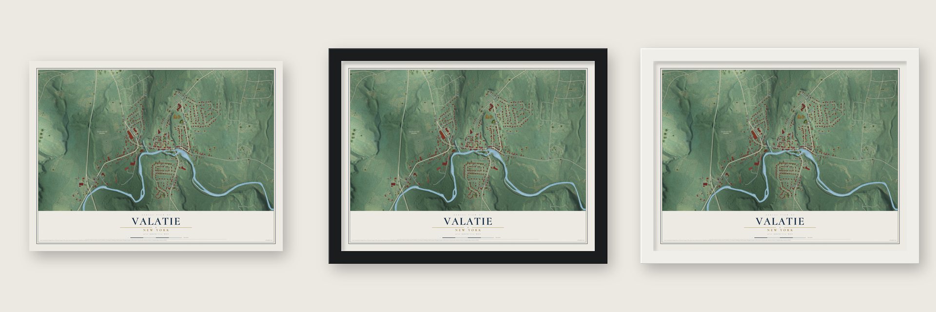 Valatie, New York map unframed, in a black wood frame and in a white wood frame