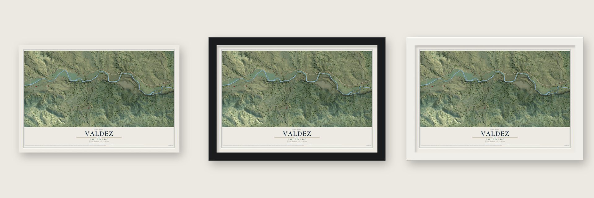 Valdez, Colorado map unframed, in a black wood frame and in a white wood frame