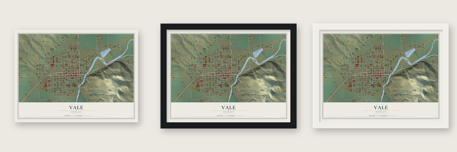 Vale, Oregon map unframed, in a black wood frame and in a white wood frame