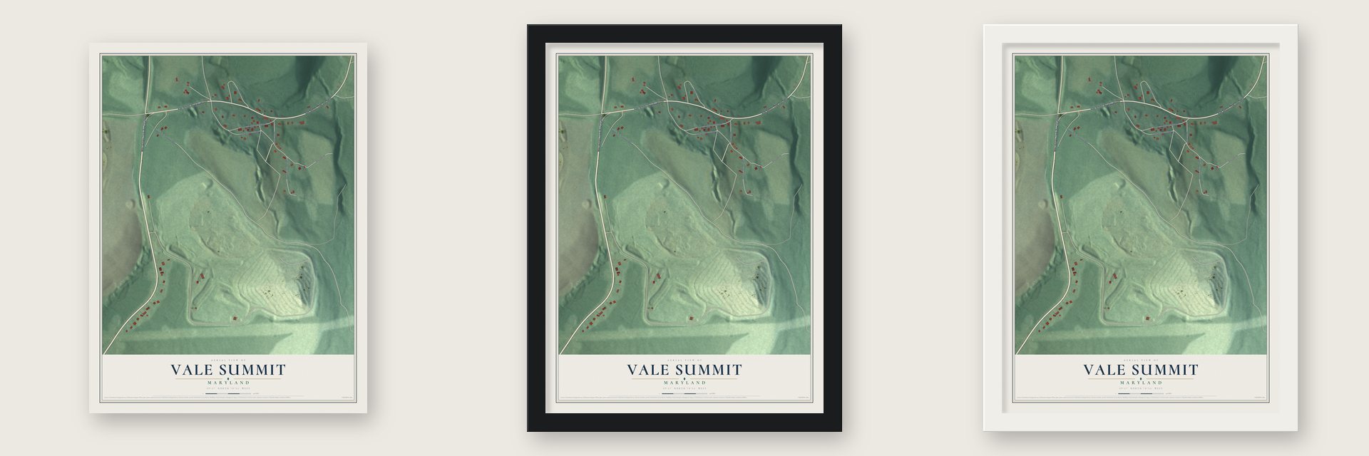 Vale Summit, Maryland map unframed, in a black wood frame and in a white wood frame