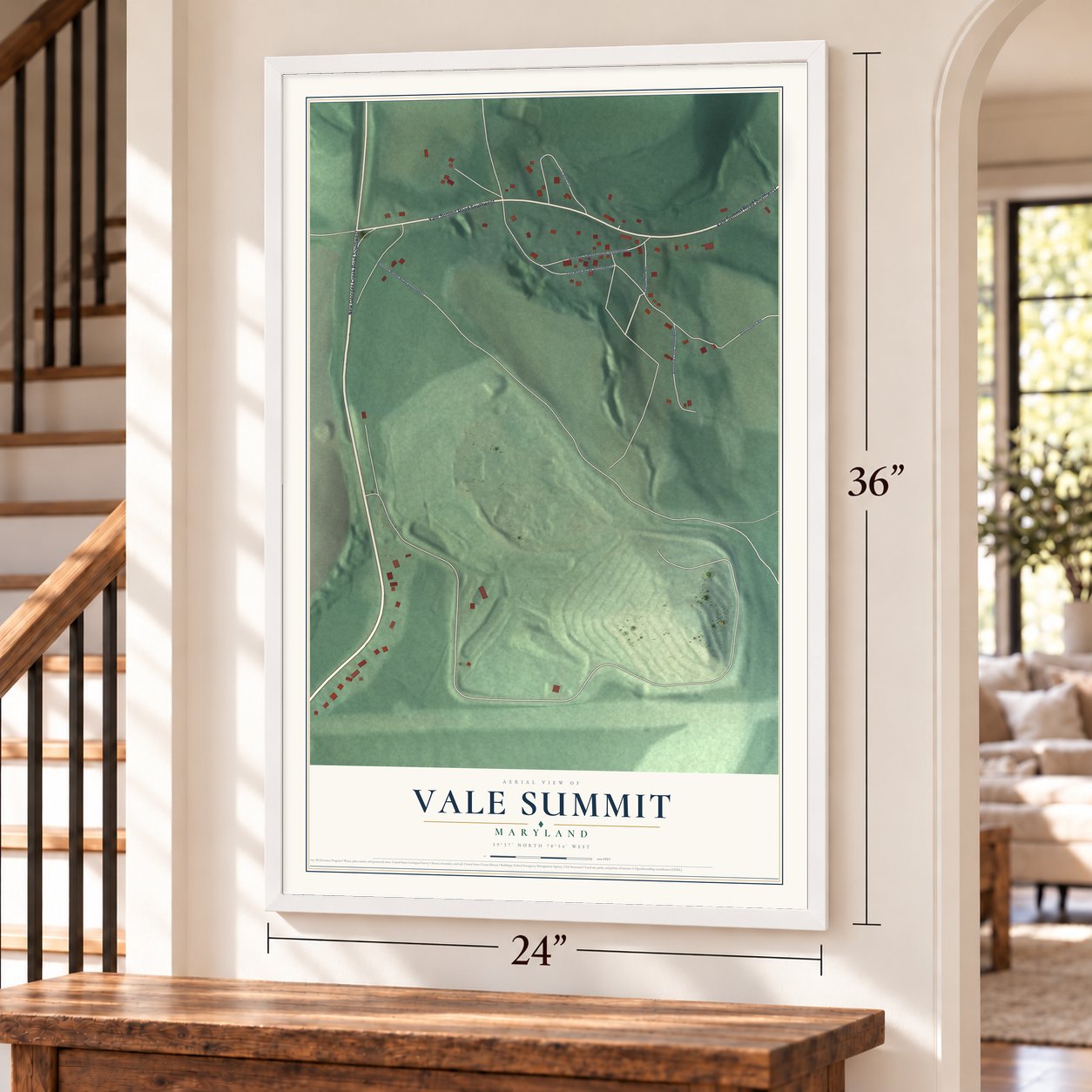 Vale Summit, Maryland map, 24 x 36 inch print in a white frame by a staircase
