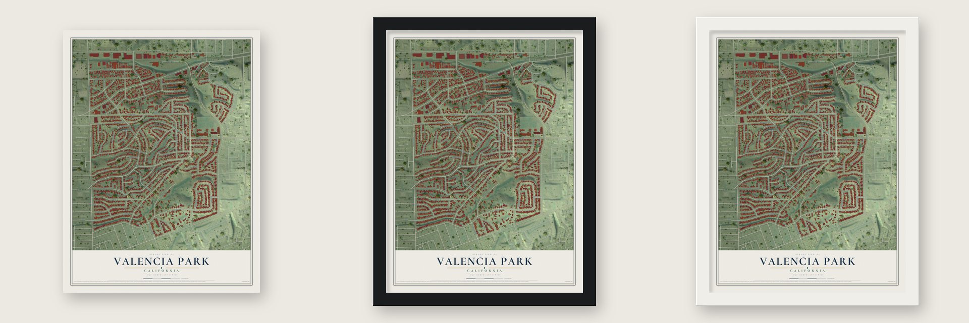 Valencia Park, California map unframed, in a black wood frame and in a white wood frame