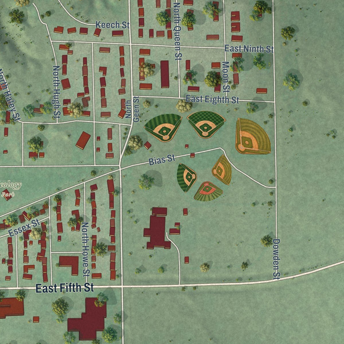 Second close-up of the map of Valentine, Nebraska print showing more streets and buildings
