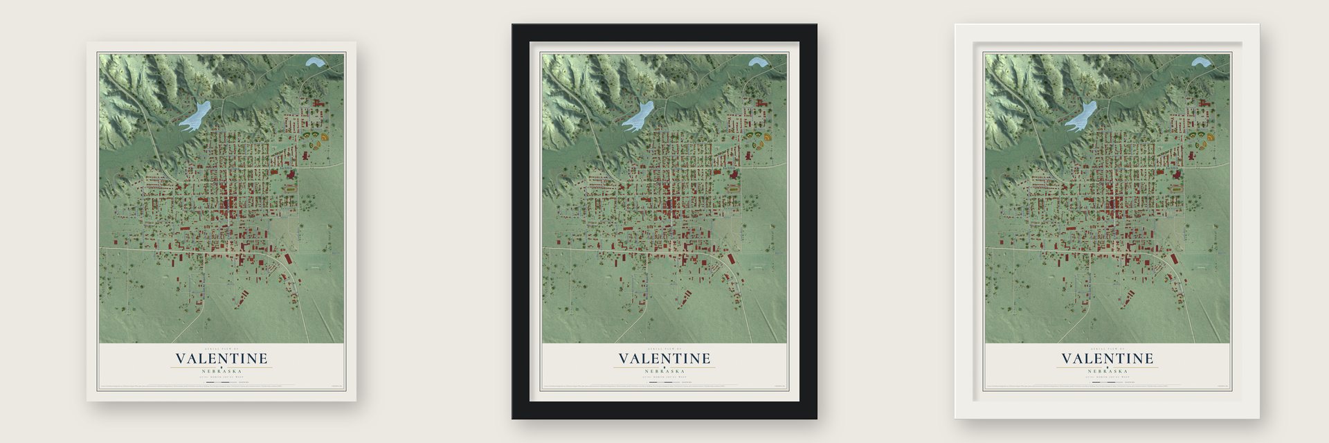 Valentine, Nebraska map unframed, in a black wood frame and in a white wood frame