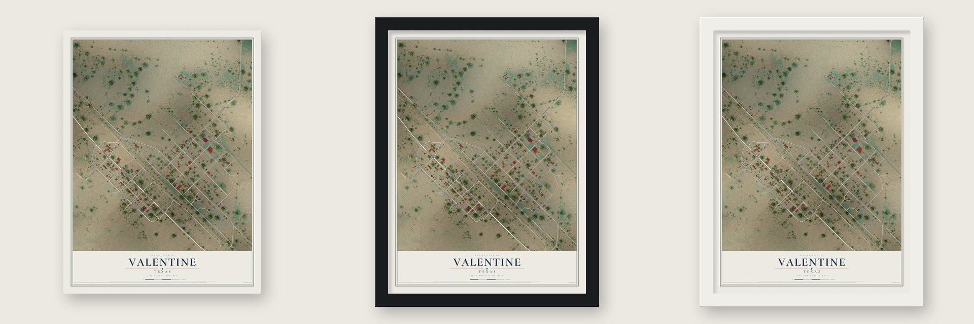 Valentine, Texas map unframed, in a black wood frame and in a white wood frame