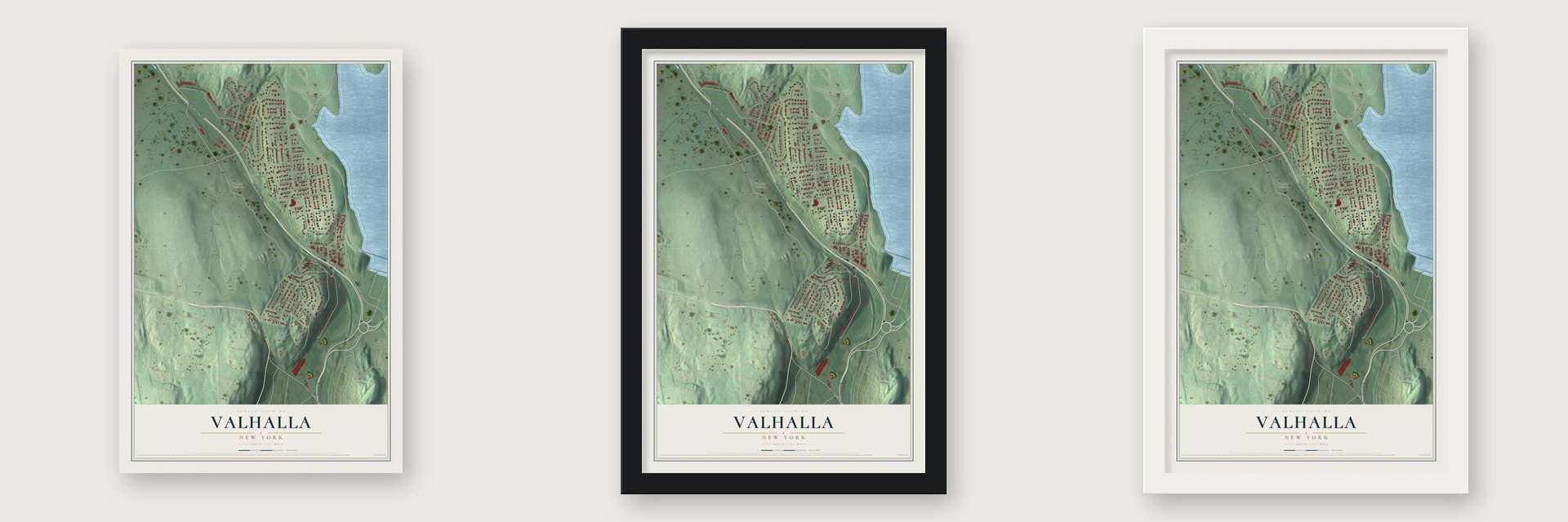 Valhalla, New York map unframed, in a black wood frame and in a white wood frame