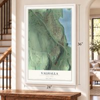 Valhalla, New York map, 24 x 36 inch print in a white frame by a staircase