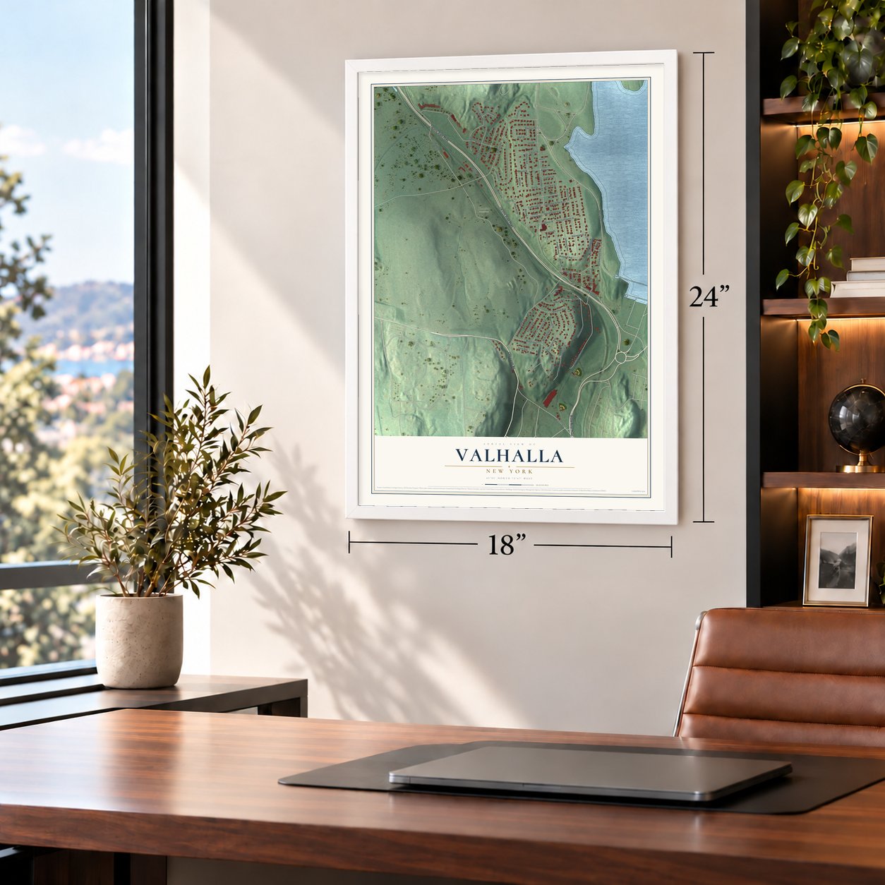 Valhalla, New York map, 18 x 24 inch print in a white frame in a home office