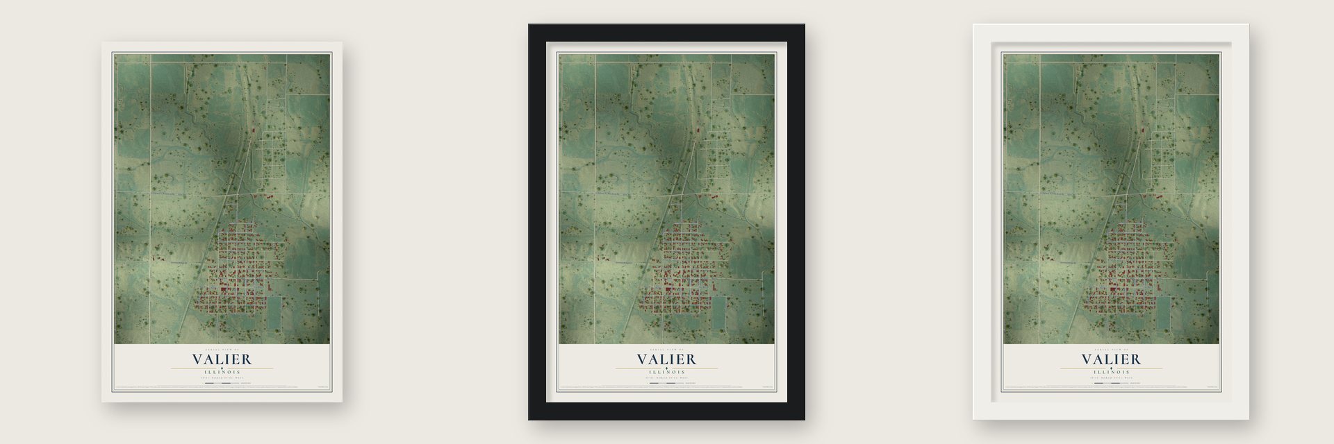 Valier, Illinois map unframed, in a black wood frame and in a white wood frame
