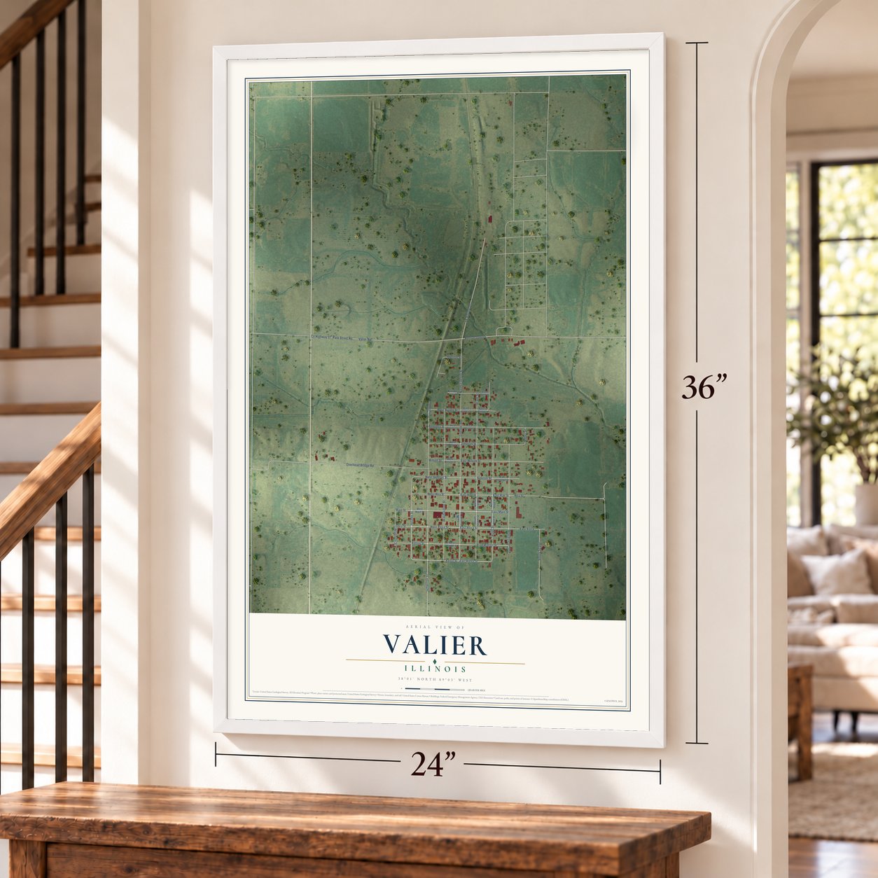 Valier, Illinois map, 24 x 36 inch print in a white frame by a staircase