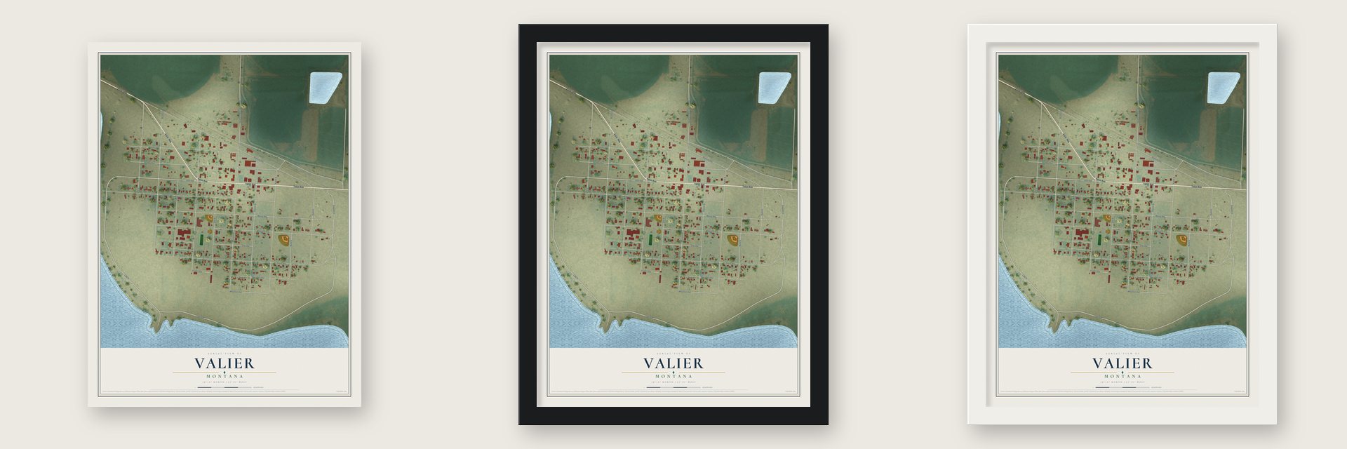 Valier, Montana map unframed, in a black wood frame and in a white wood frame