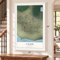 Valier, Montana map, 24 x 36 inch print in a white frame by a staircase